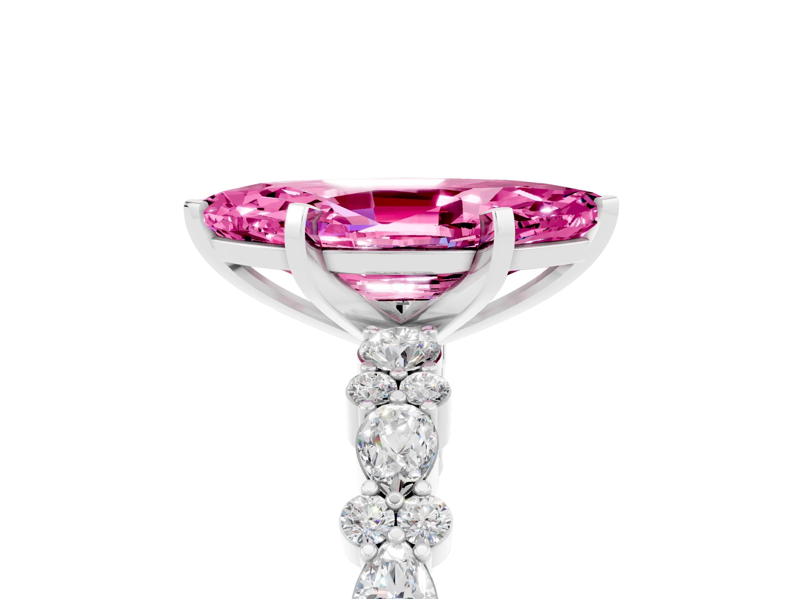White gold Marquise Cut Pink Sapphire Solitaire with Side Stones, Pave Band, Four-Prong Setting_29