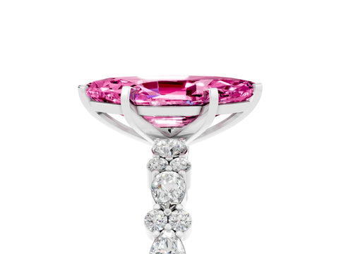 White gold Marquise Cut Pink Sapphire Solitaire with Side Stones, Pave Band, Four-Prong Setting_29