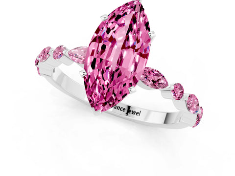 White gold Marquise Cut Pink Sapphire Solitaire with Side Stones on a Pavé Band and Four-Prong Setting_1