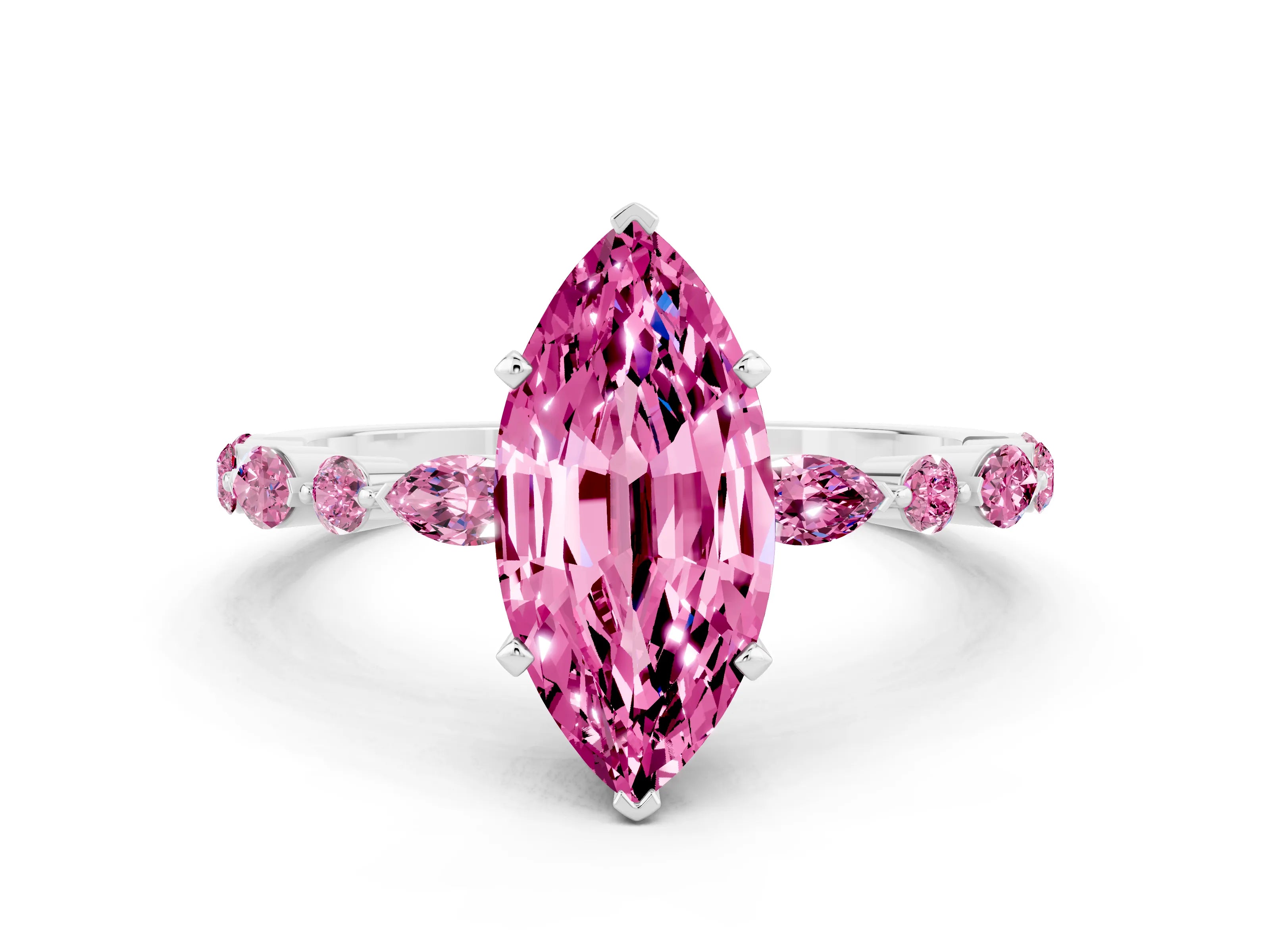White gold Marquise Cut Pink Sapphire Solitaire with Side Stones on a Pavé Band and Four-Prong Setting