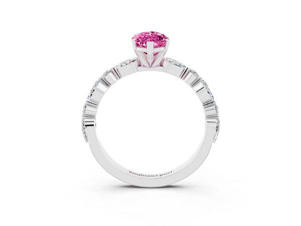 Platinum Marquise Cut Pink Sapphire Ring with Marquise and Round  Side Stones and Four-Prong Setting