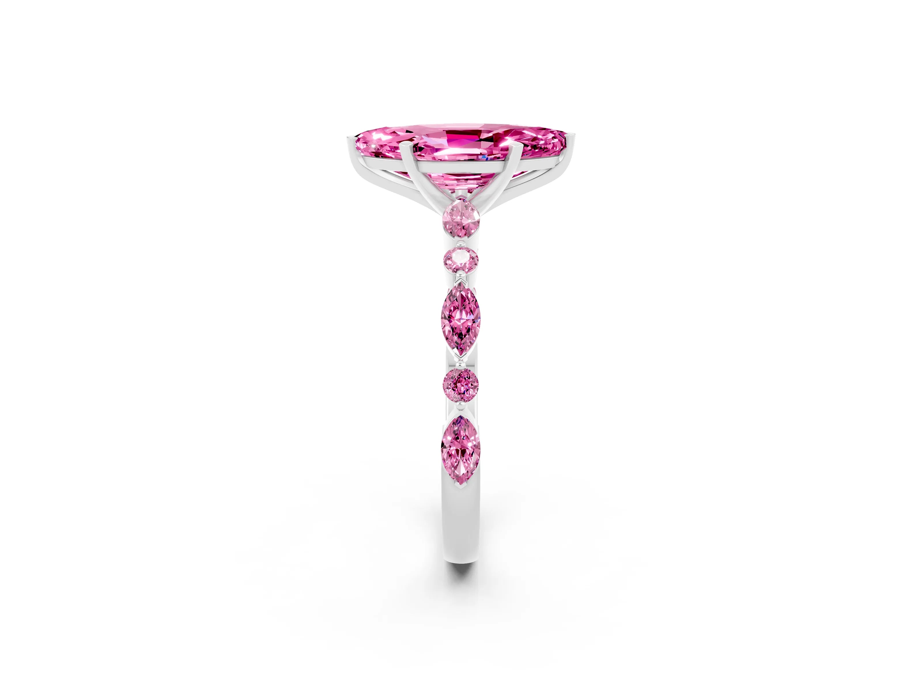 White gold Marquise Cut Pink Sapphire Solitaire with Side Stones on a Pavé Band and Four-Prong Setting_2