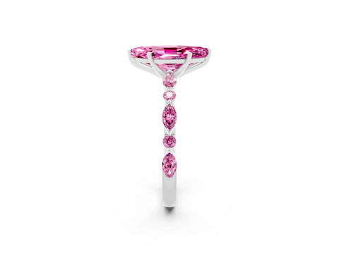 White gold Marquise Cut Pink Sapphire Solitaire with Side Stones on a Pavé Band and Four-Prong Setting_2