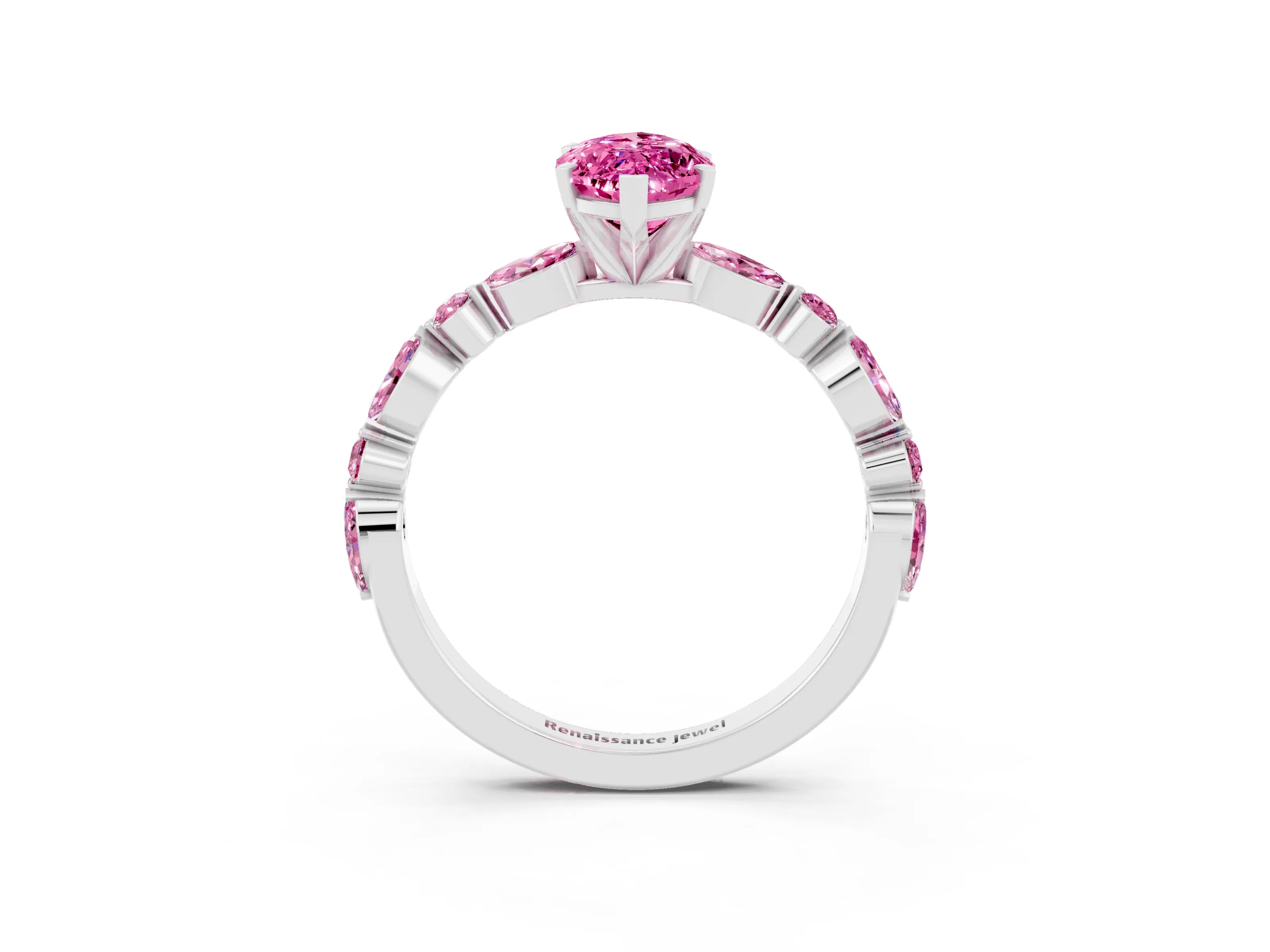 White gold Marquise Cut Pink Sapphire Solitaire with Side Stones on a Pavé Band and Four-Prong Setting_3