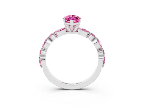 White gold Marquise Cut Pink Sapphire Solitaire with Side Stones on a Pavé Band and Four-Prong Setting_3