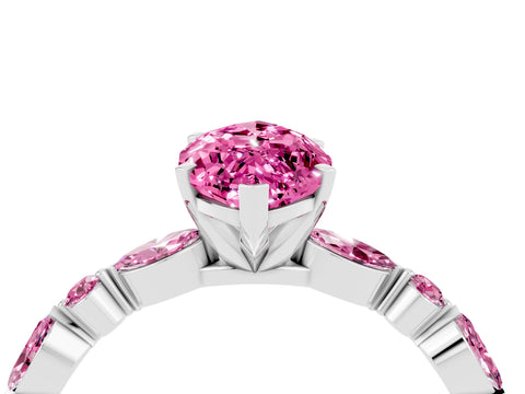White gold Marquise Cut Pink Sapphire Solitaire with Side Stones on a Pavé Band and Four-Prong Setting_4