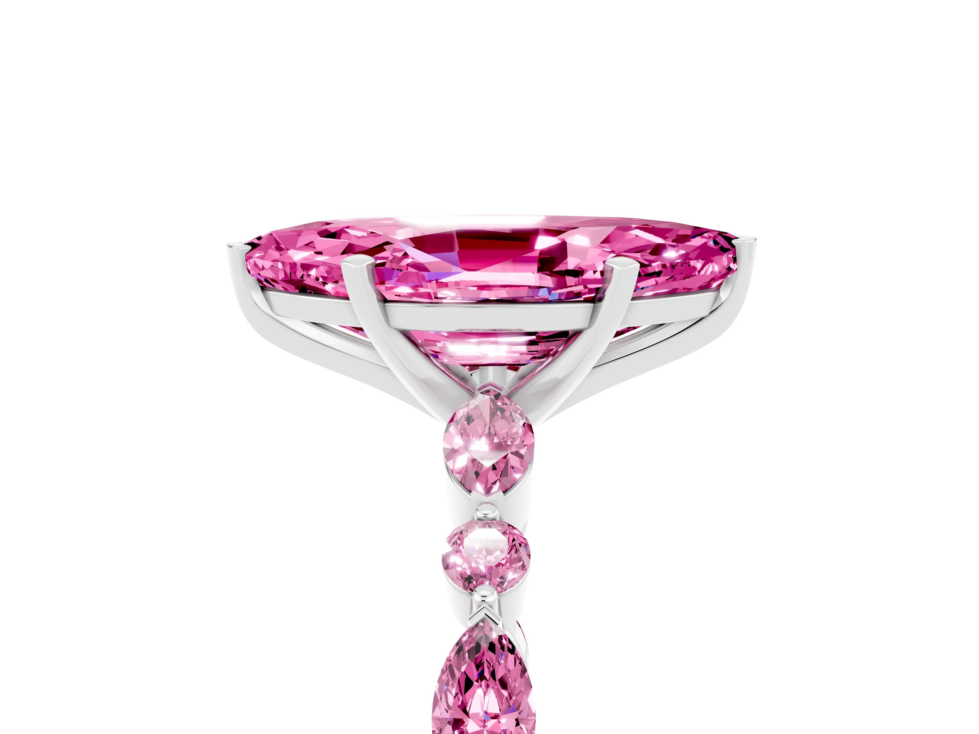 White gold Marquise Cut Pink Sapphire Solitaire with Side Stones on a Pavé Band and Four-Prong Setting_5