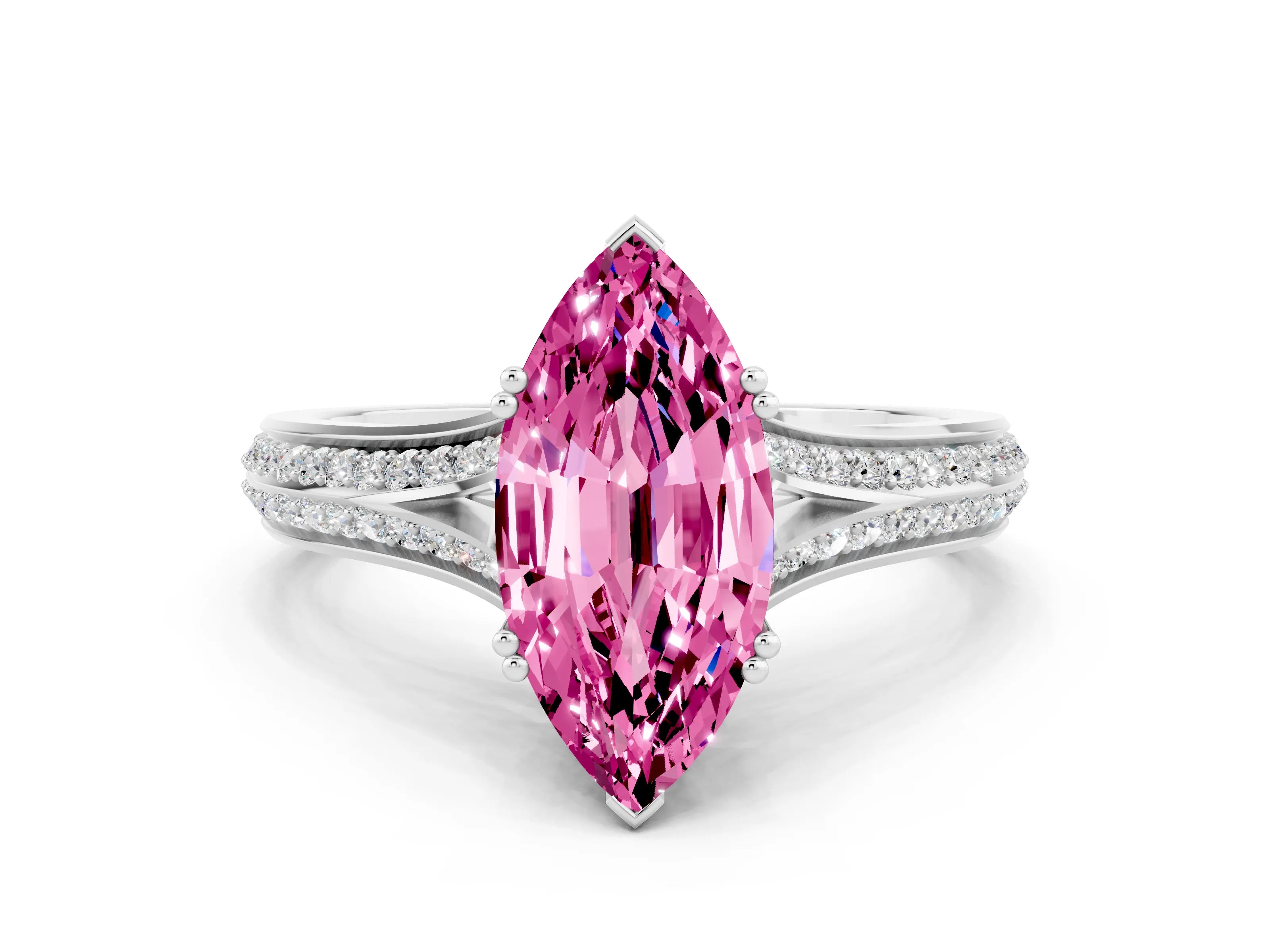 White gold Marquise Cut Pink Sapphire Split Shank Engagement Ring with Pavé Band_24
