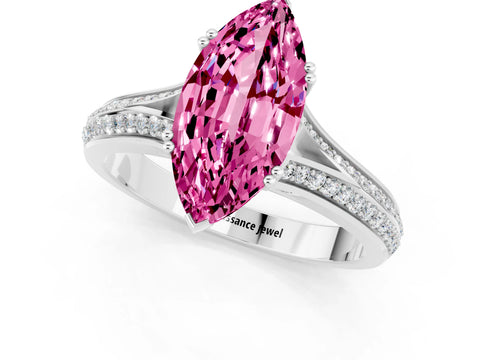 White gold Marquise Cut Pink Sapphire Split Shank Engagement Ring with Pavé Band_25