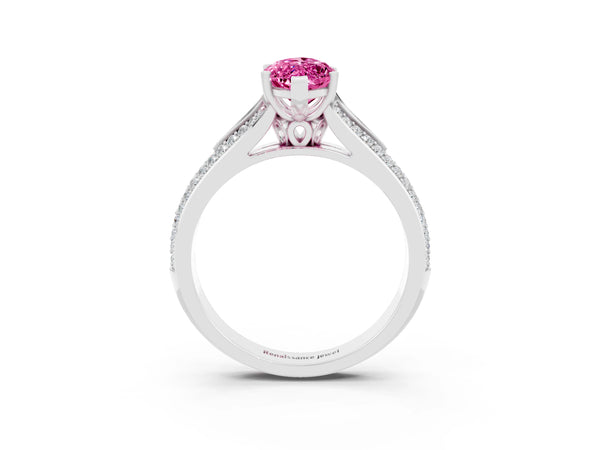 Silver Marquise Cut Pink Sapphire Split Shank Engagement Ring with Pavé Band