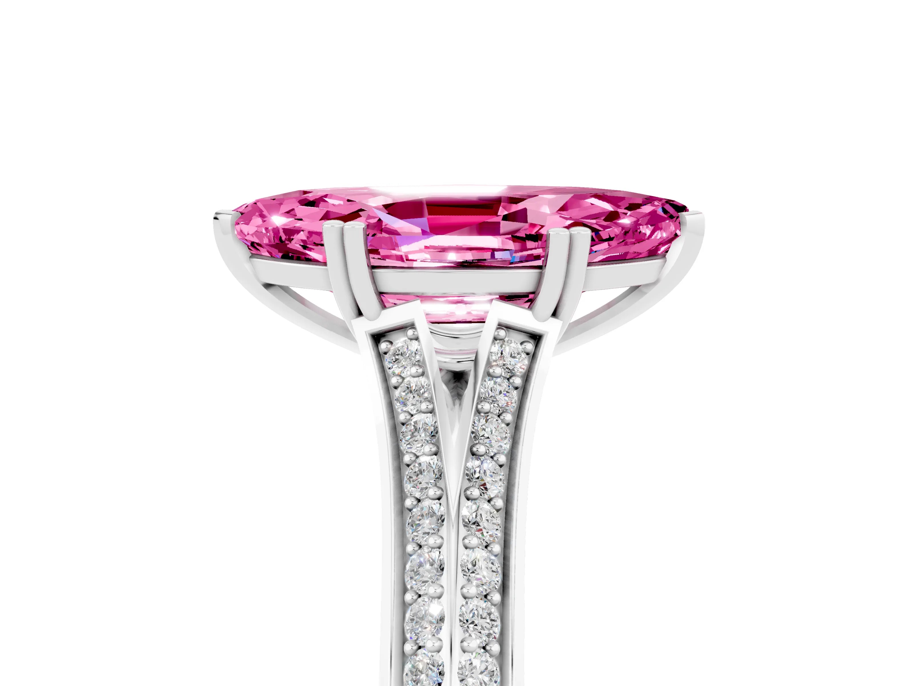 White gold Marquise Cut Pink Sapphire Split Shank Engagement Ring with Pavé Band_29