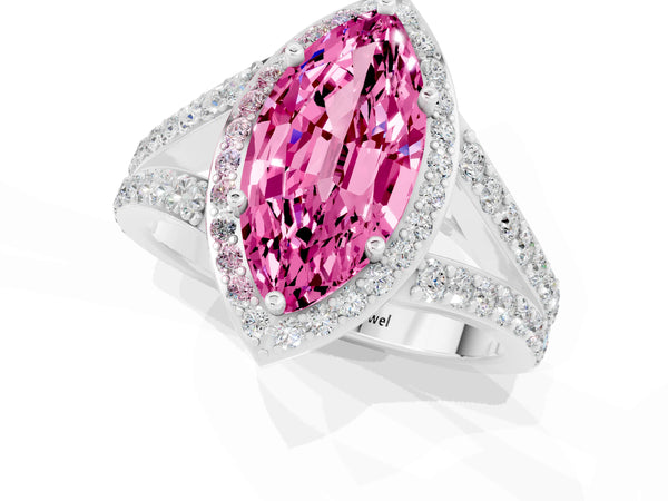 Platinum Marquise Cut Pink Sapphire Split Shank Halo Ring with Four-Prong Setting