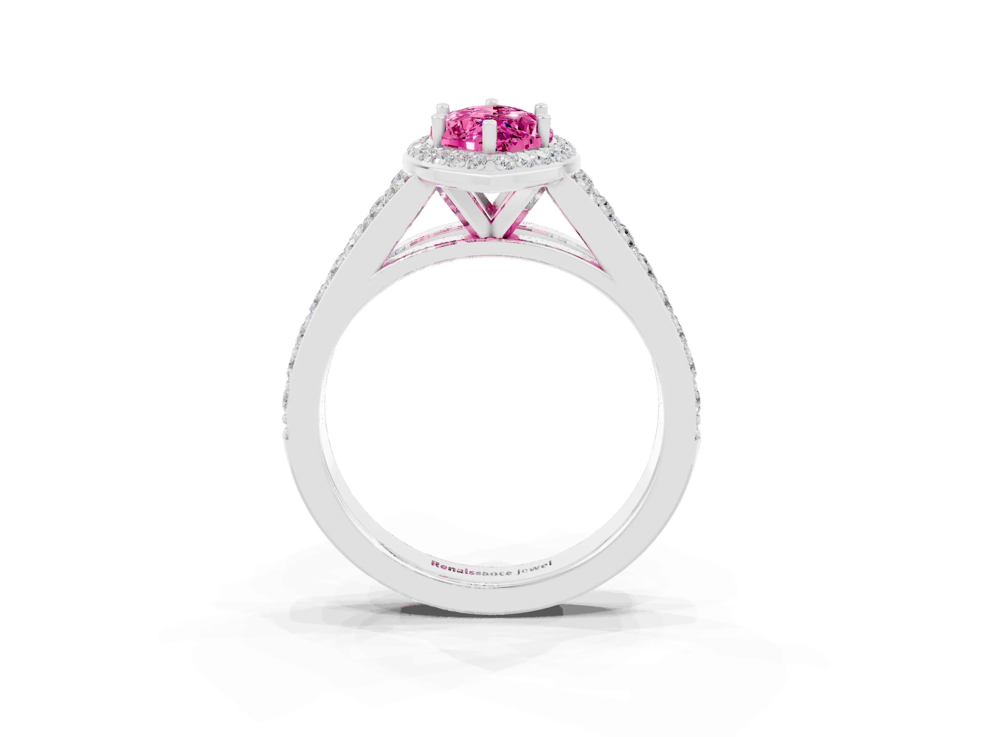 White gold Marquise Cut Pink Sapphire Split Shank Halo Ring with Four-Prong Setting_15