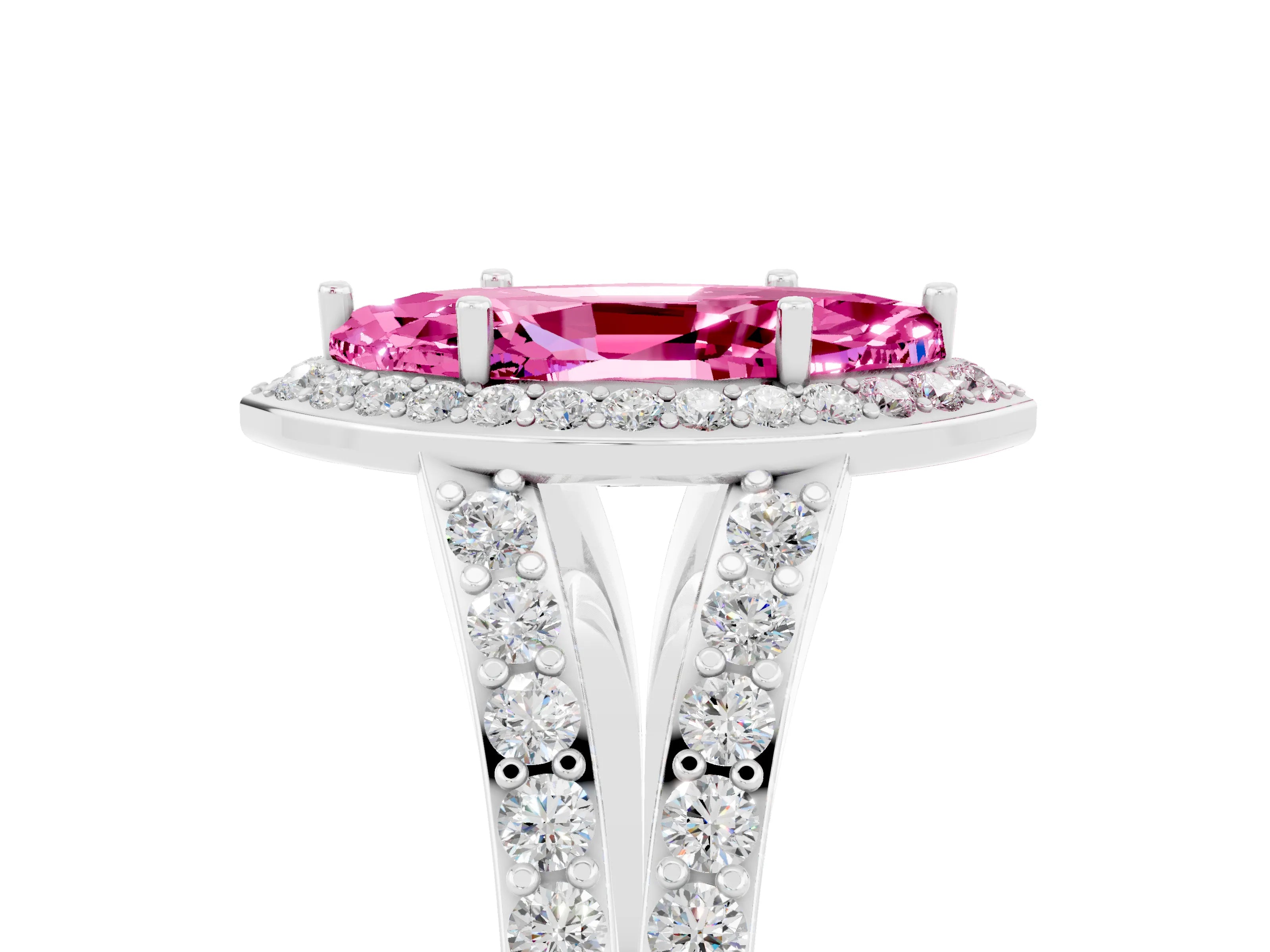 White gold Marquise Cut Pink Sapphire Split Shank Halo Ring with Four-Prong Setting_17