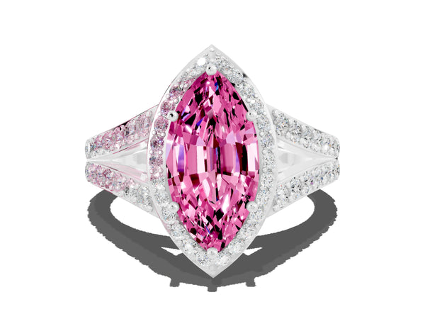 White gold Marquise Cut Pink Sapphire Split Shank Halo Ring with Four-Prong Setting