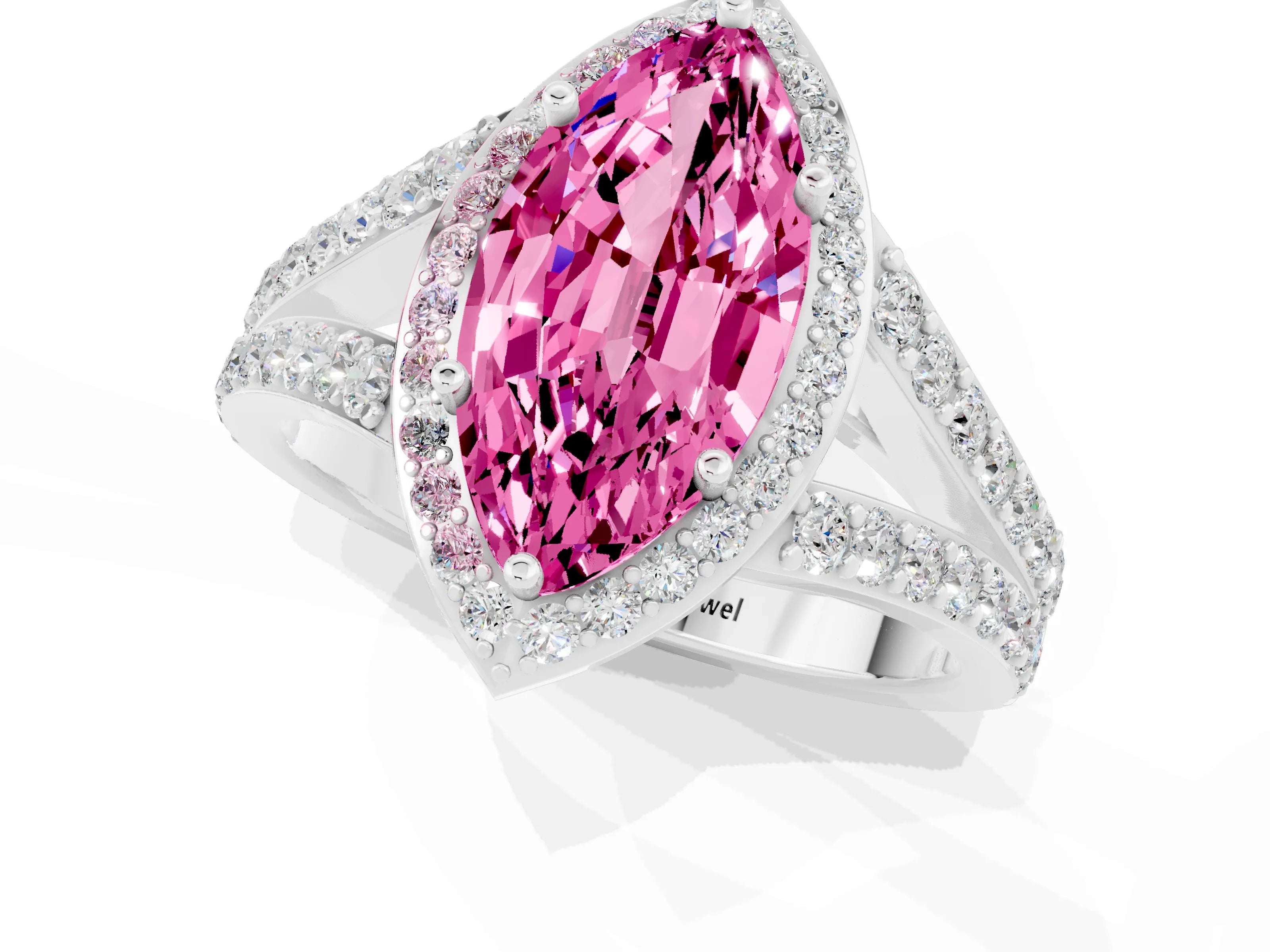 White gold Marquise Cut Pink Sapphire Split Shank Halo Ring with Four-Prong Setting_25