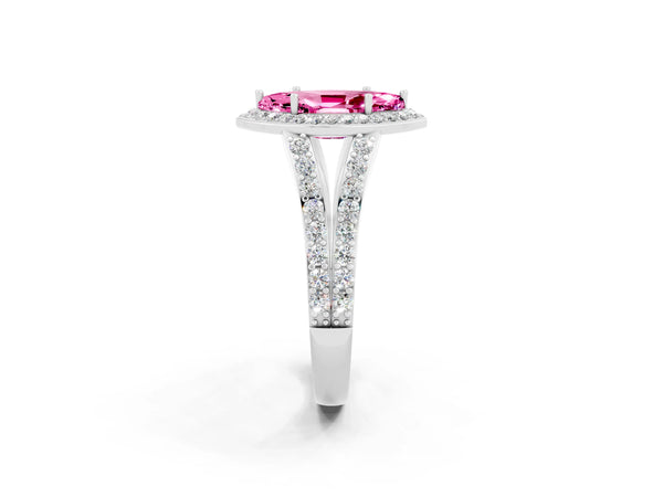 White gold Marquise Cut Pink Sapphire Split Shank Halo Ring with Four-Prong Setting