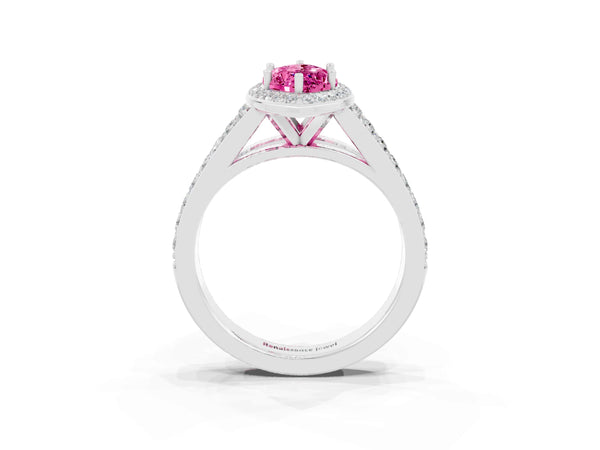 White gold Marquise Cut Pink Sapphire Split Shank Halo Ring with Four-Prong Setting