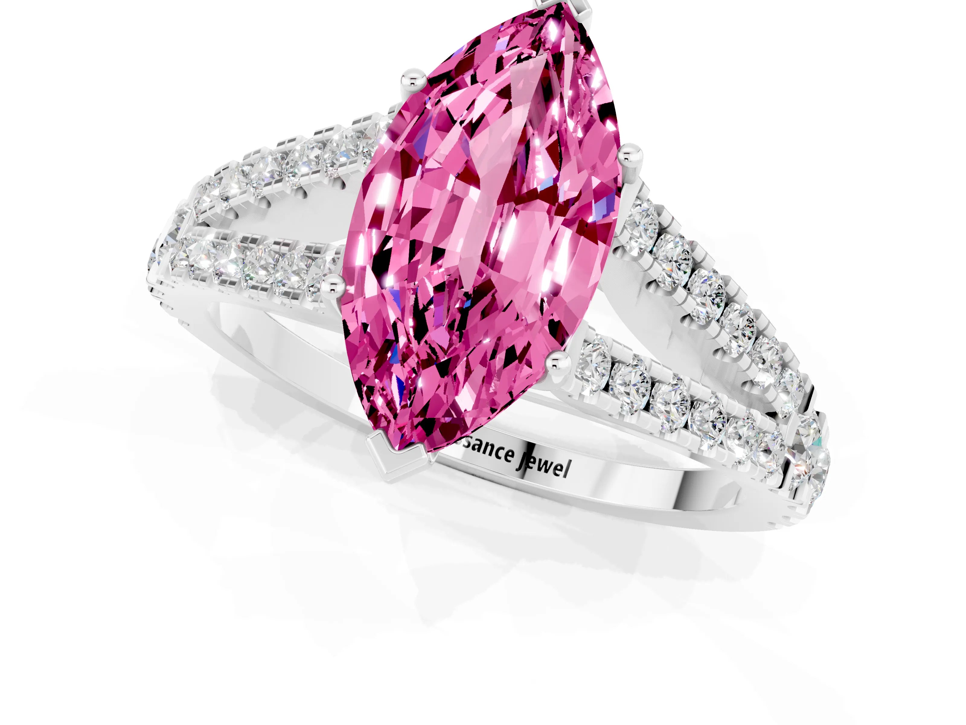 White gold Marquise Cut Pink Sapphire Split Shank Pavé Engagement Ring with Four-Prong Setting_13