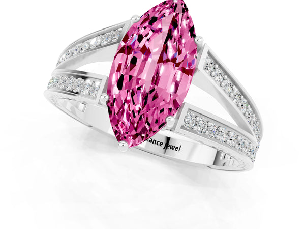 Platinum Marquise Cut Pink Sapphire Split Shank Ring with Pavé Band and Four-Prong Setting