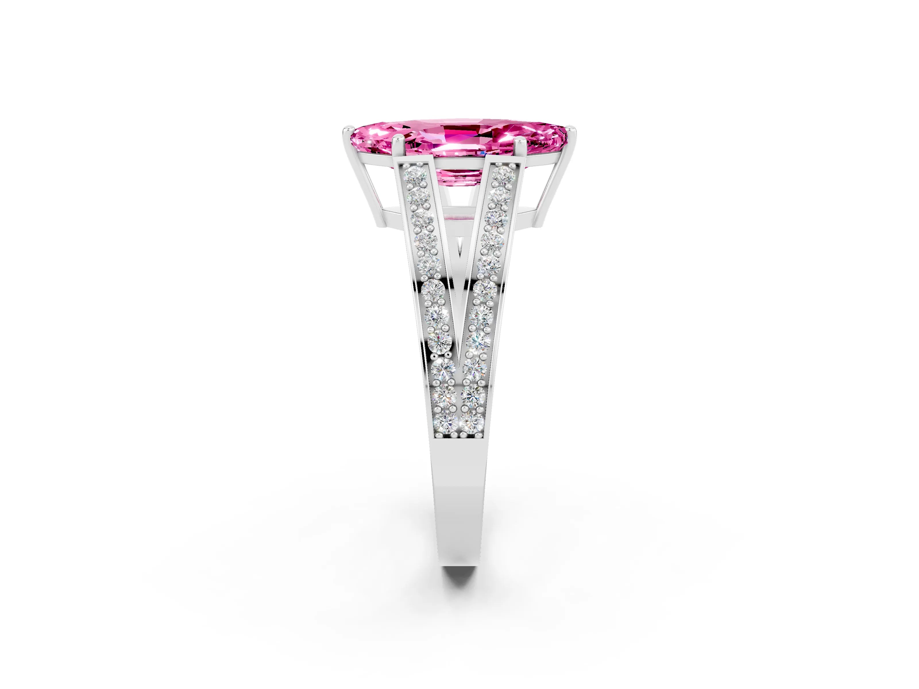 White gold Marquise Cut Pink Sapphire Split Shank Ring with Pavé Band and Four-Prong Setting_2