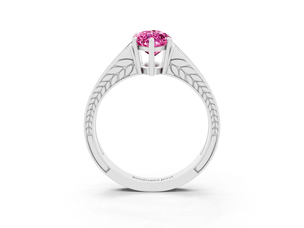 Platinum Marquise Cut Pink Sapphire Split Shank Ring with Pavé Band and Four-Prong Setting