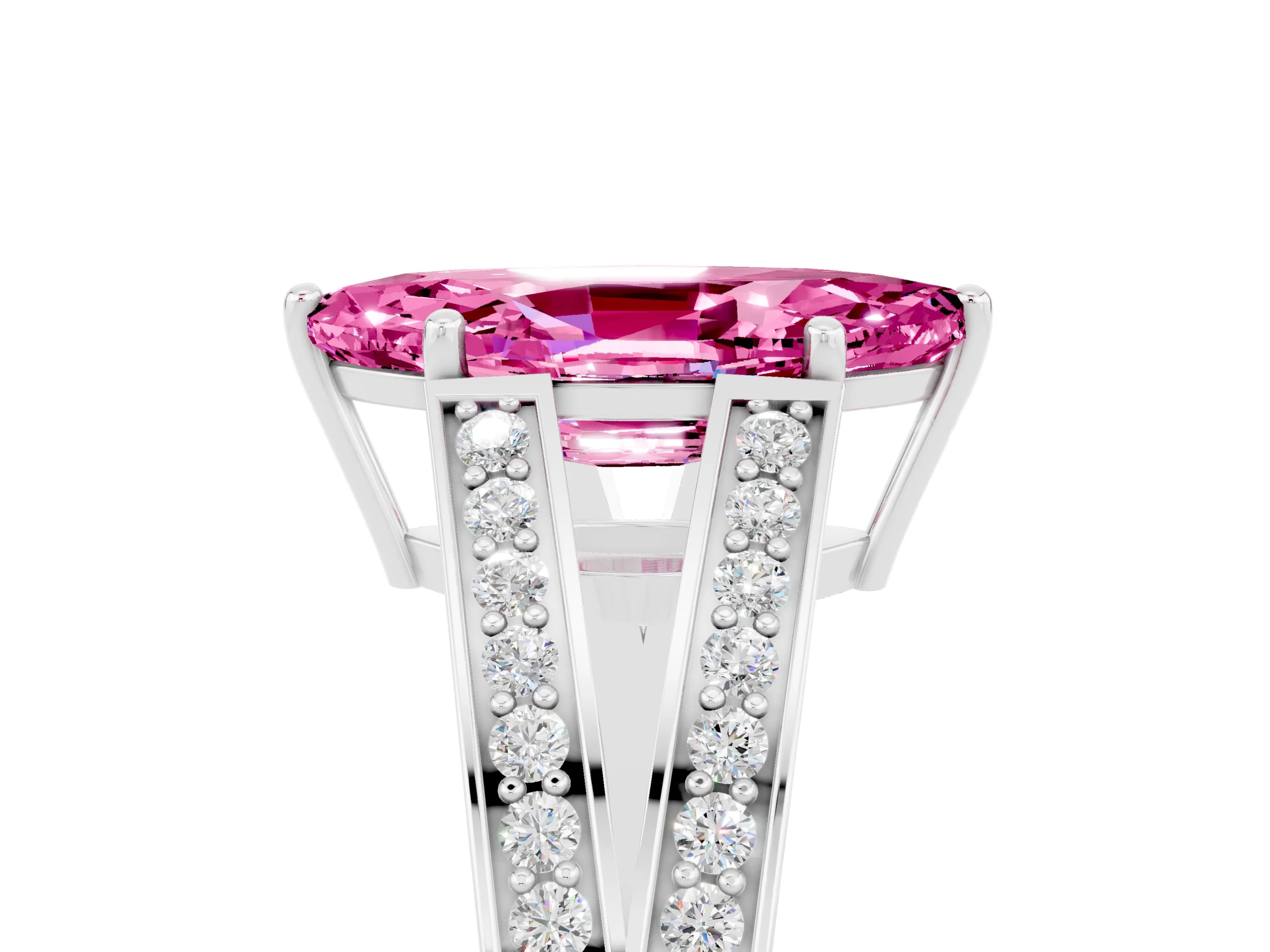 White gold Marquise Cut Pink Sapphire Split Shank Ring with Pavé Band and Four-Prong Setting_5