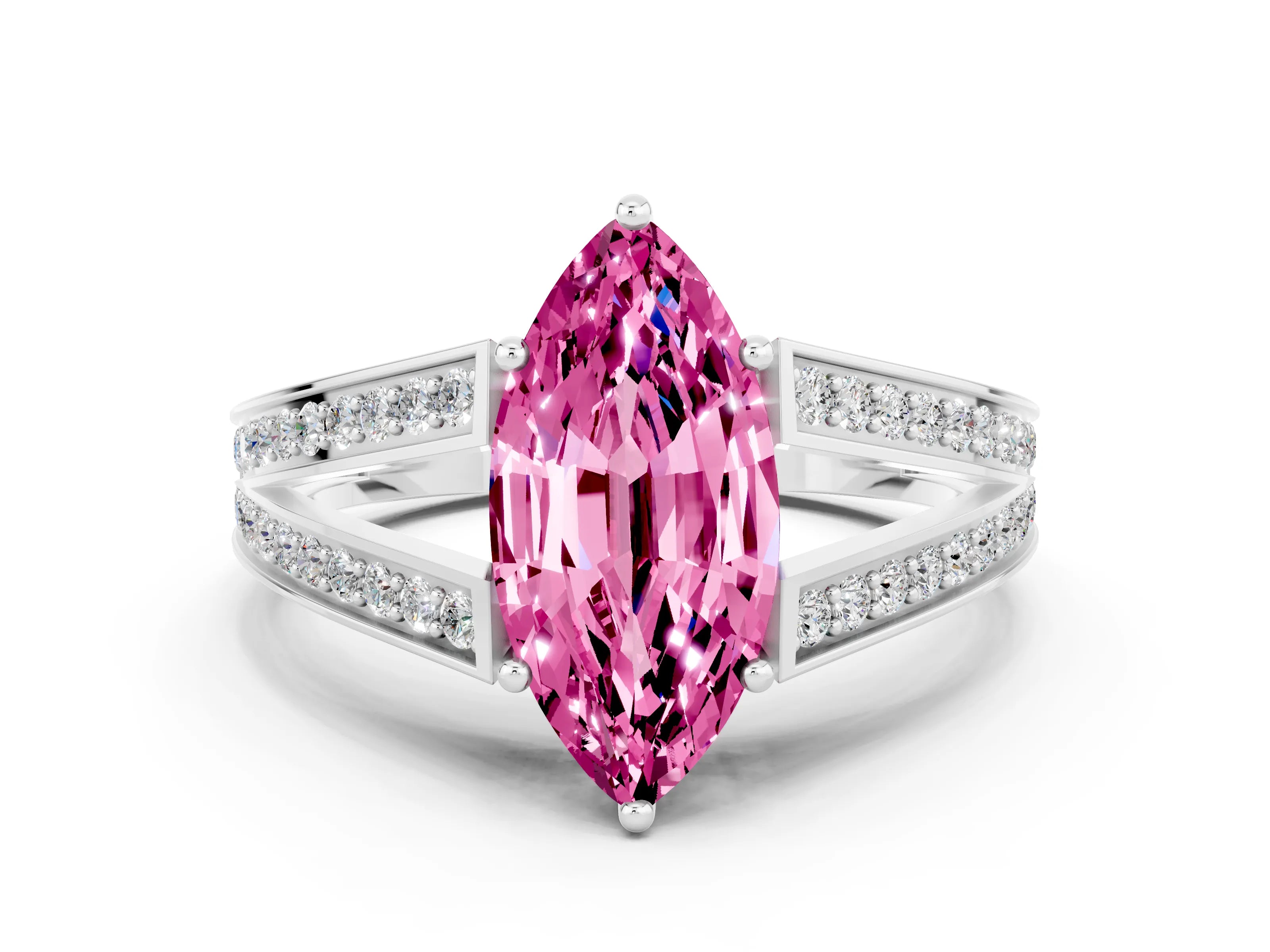 White gold Marquise Cut Pink Sapphire Split Shank Ring with Pavé Band and Four-Prong Setting