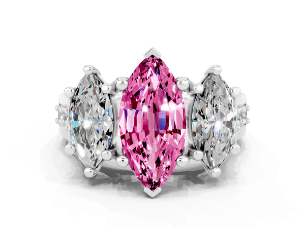 Platinum Marquise Cut Pink Sapphire Three-Stone Ring with Channel Set Band and Four-Prong Setting