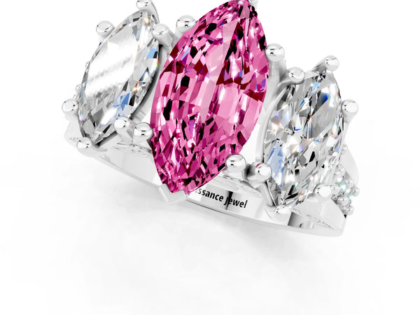 Platinum Marquise Cut Pink Sapphire Three-Stone Ring with Channel Set Band and Four-Prong Setting