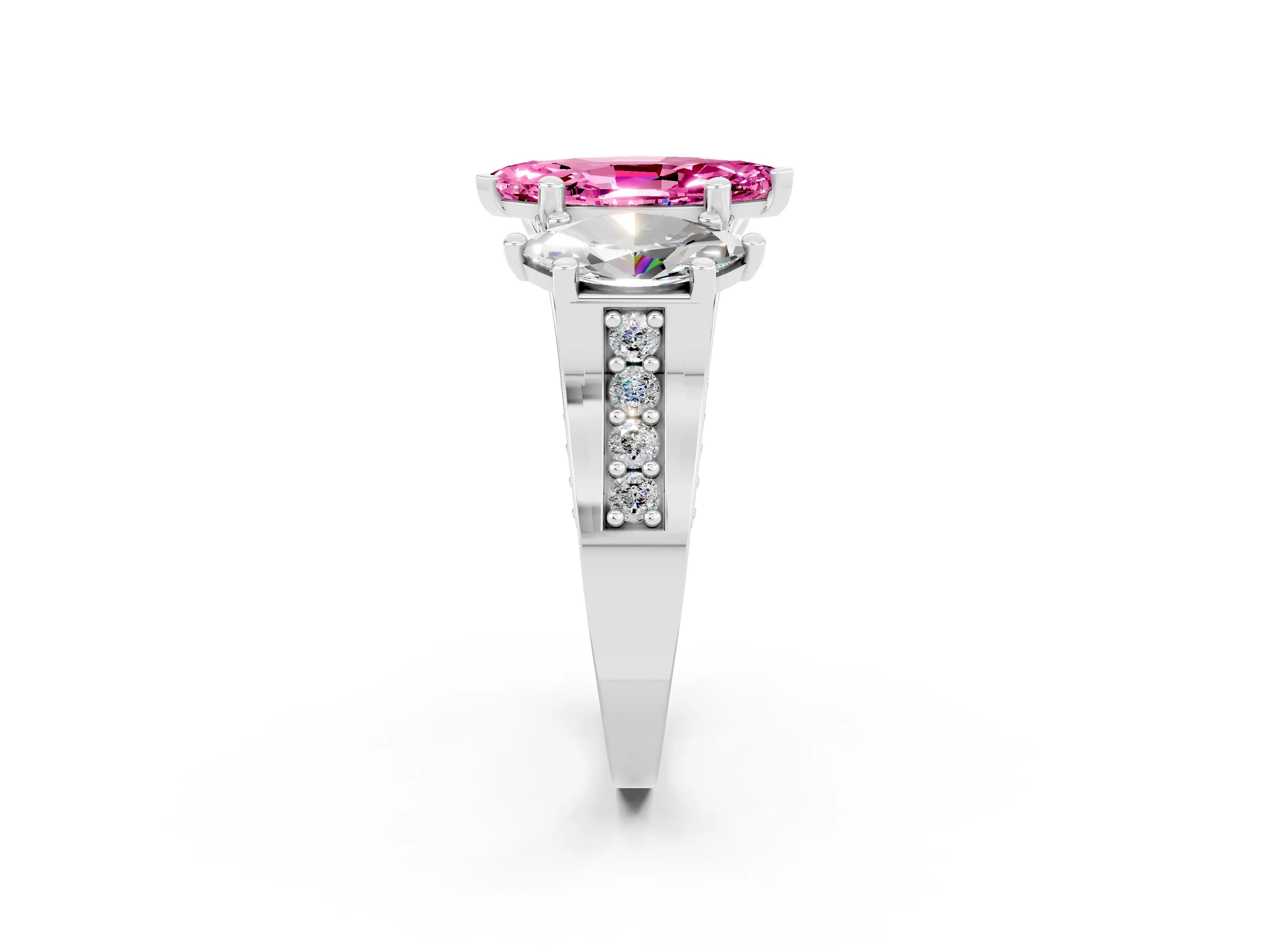 White gold Marquise Cut Pink Sapphire Three-Stone Ring with Channel Set Band and Four-Prong Setting_2