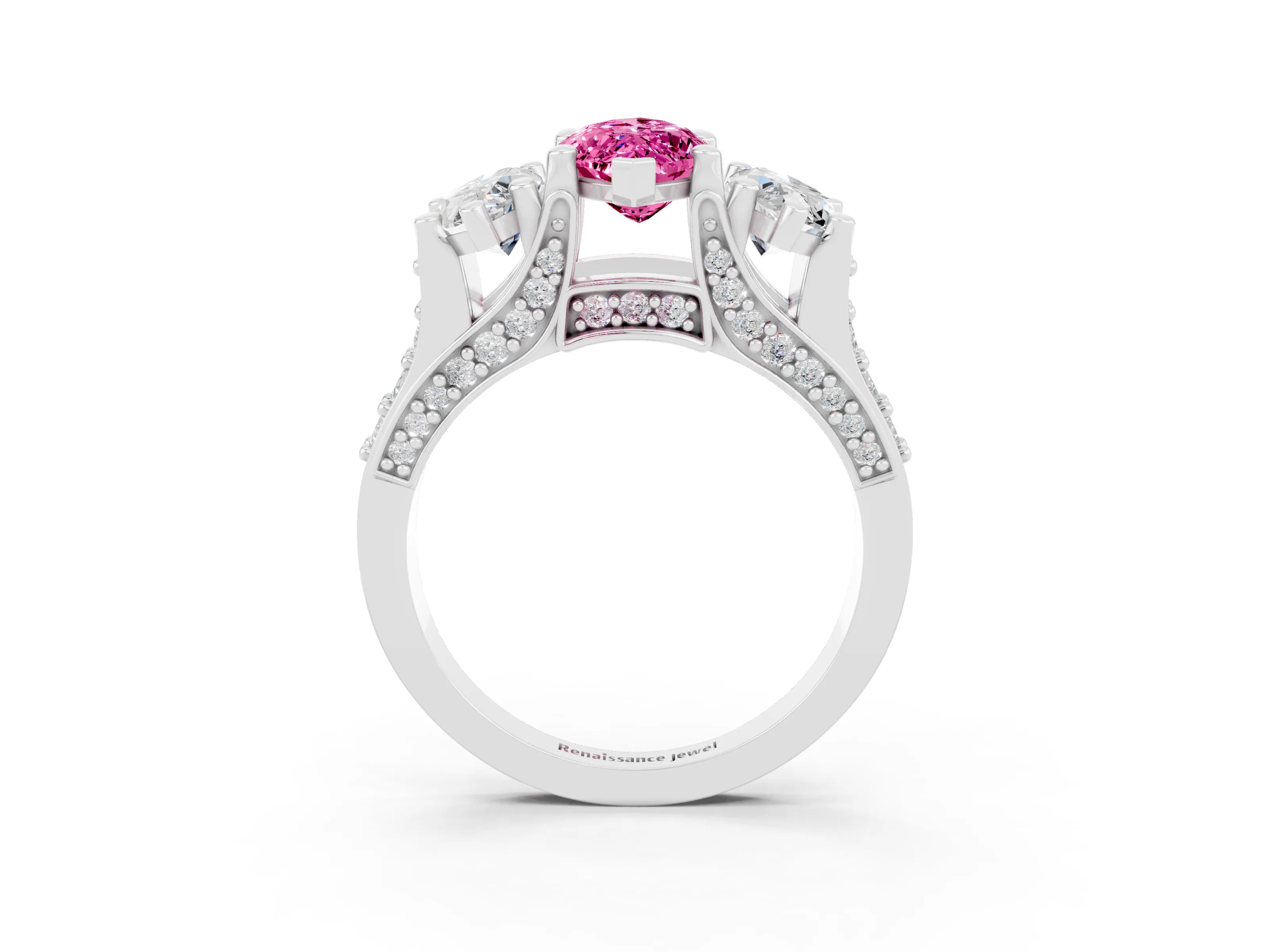 White gold Marquise Cut Pink Sapphire Three-Stone Ring with Channel Set Band and Four-Prong Setting_3