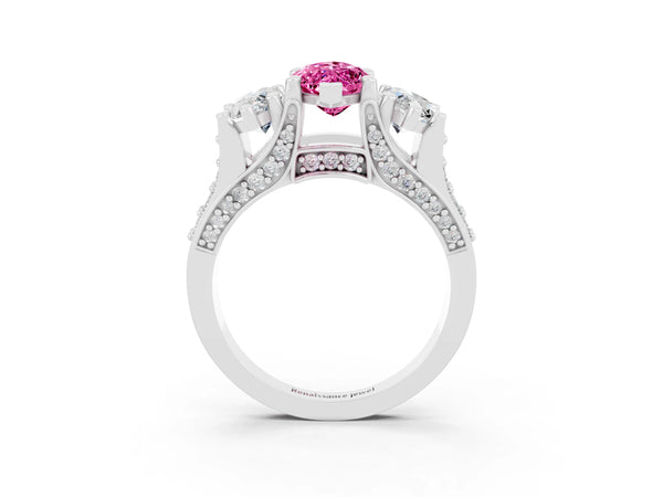 Platinum Marquise Cut Pink Sapphire Three-Stone Ring with Channel Set Band and Four-Prong Setting