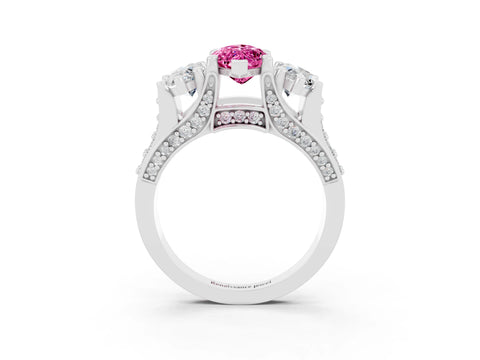 White gold Marquise Cut Pink Sapphire Three-Stone Ring with Channel Set Band and Four-Prong Setting_3
