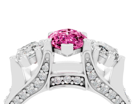 White gold Marquise Cut Pink Sapphire Three-Stone Ring with Channel Set Band and Four-Prong Setting_4