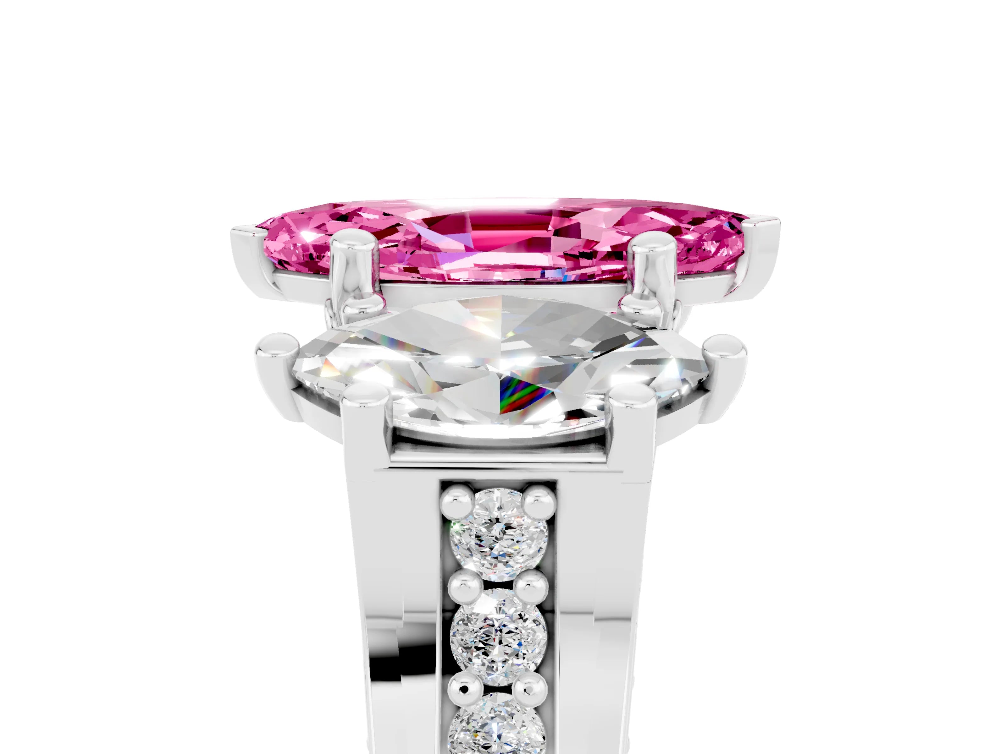 White gold Marquise Cut Pink Sapphire Three-Stone Ring with Channel Set Band and Four-Prong Setting_5
