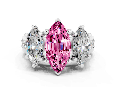 White gold Marquise Cut Pink Sapphire Three-Stone Ring with Channel Set Band and Four-Prong Setting