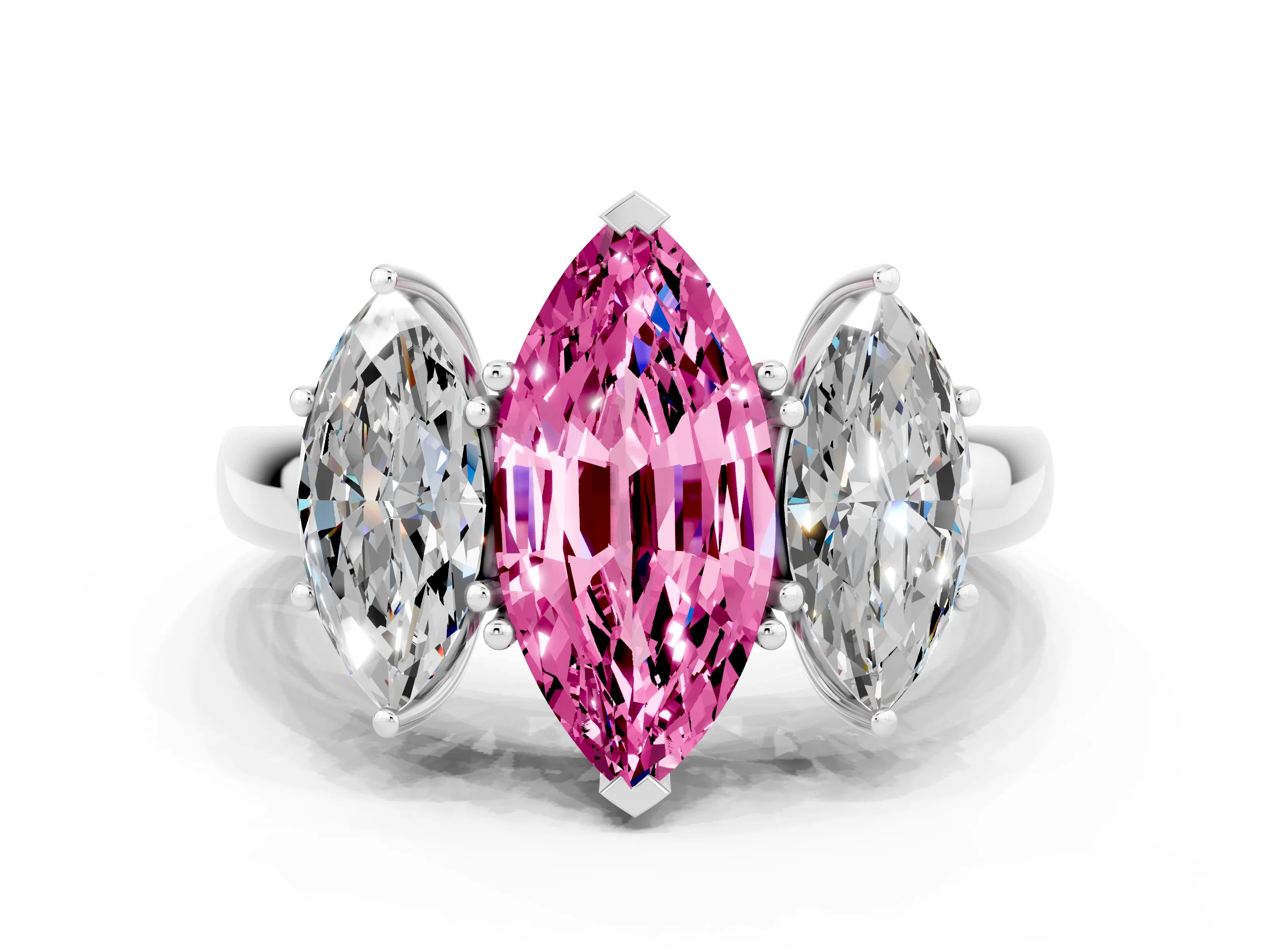White gold Marquise Cut Pink Sapphire Three-Stone Ring with Four-Prong Setting and Classic Band