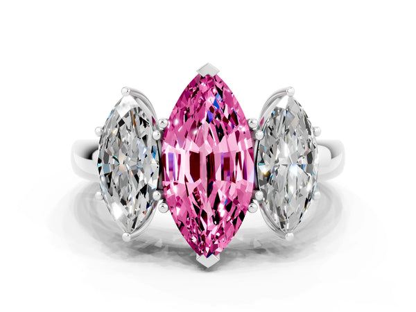 Platinum Marquise Cut Pink Sapphire Three-Stone Ring with Four-Prong Setting and Classic Band
