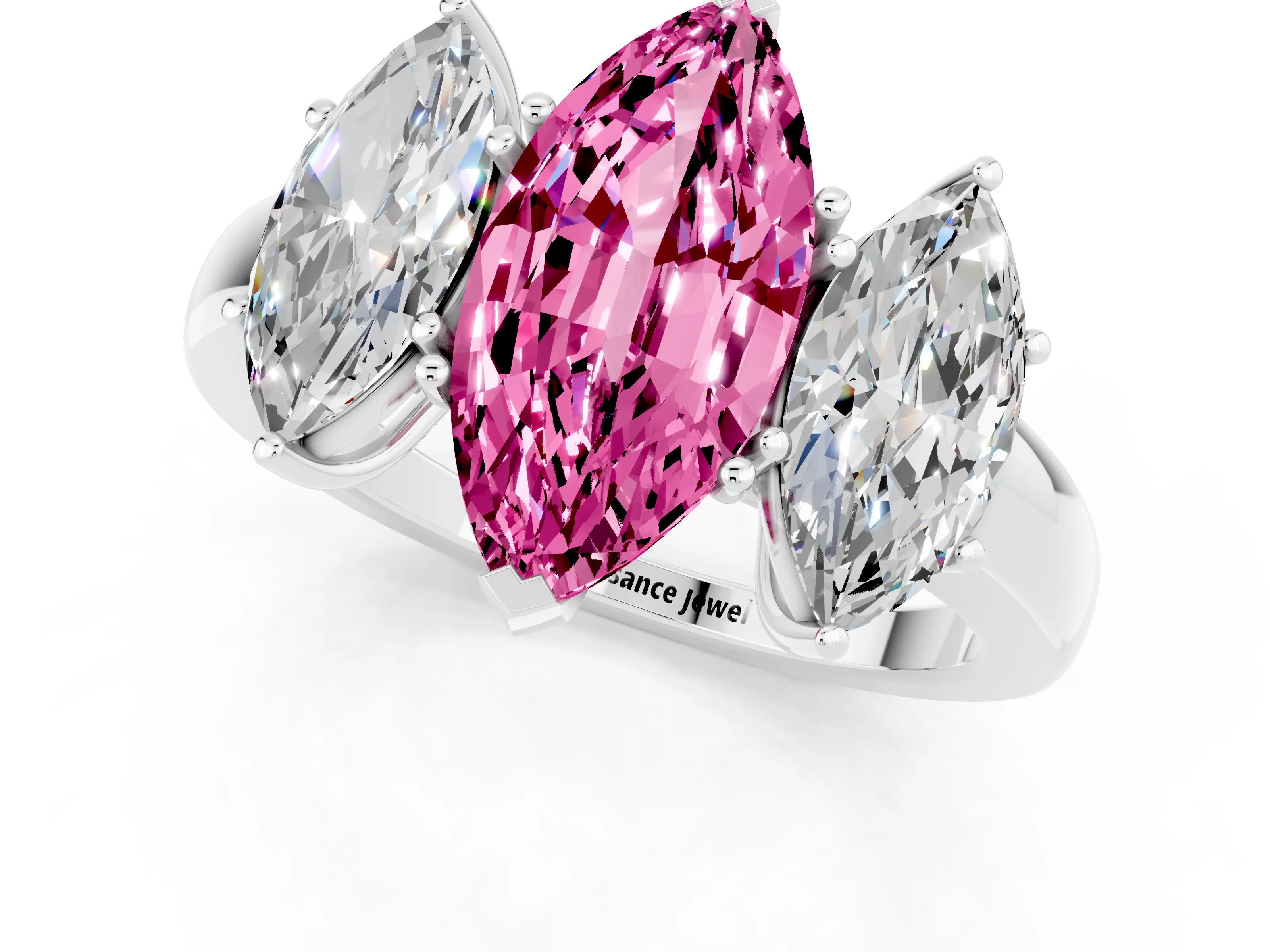 White gold Marquise Cut Pink Sapphire Three-Stone Ring with Four-Prong Setting and Classic Band_1