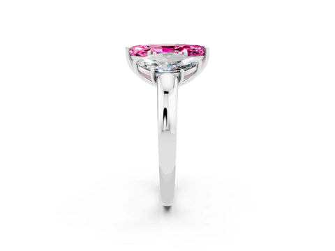 White gold Marquise Cut Pink Sapphire Three-Stone Ring with Four-Prong Setting and Classic Band_2