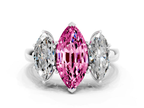 White gold Marquise Cut Pink Sapphire Three-Stone Ring with Four-Prong Setting and Classic Band
