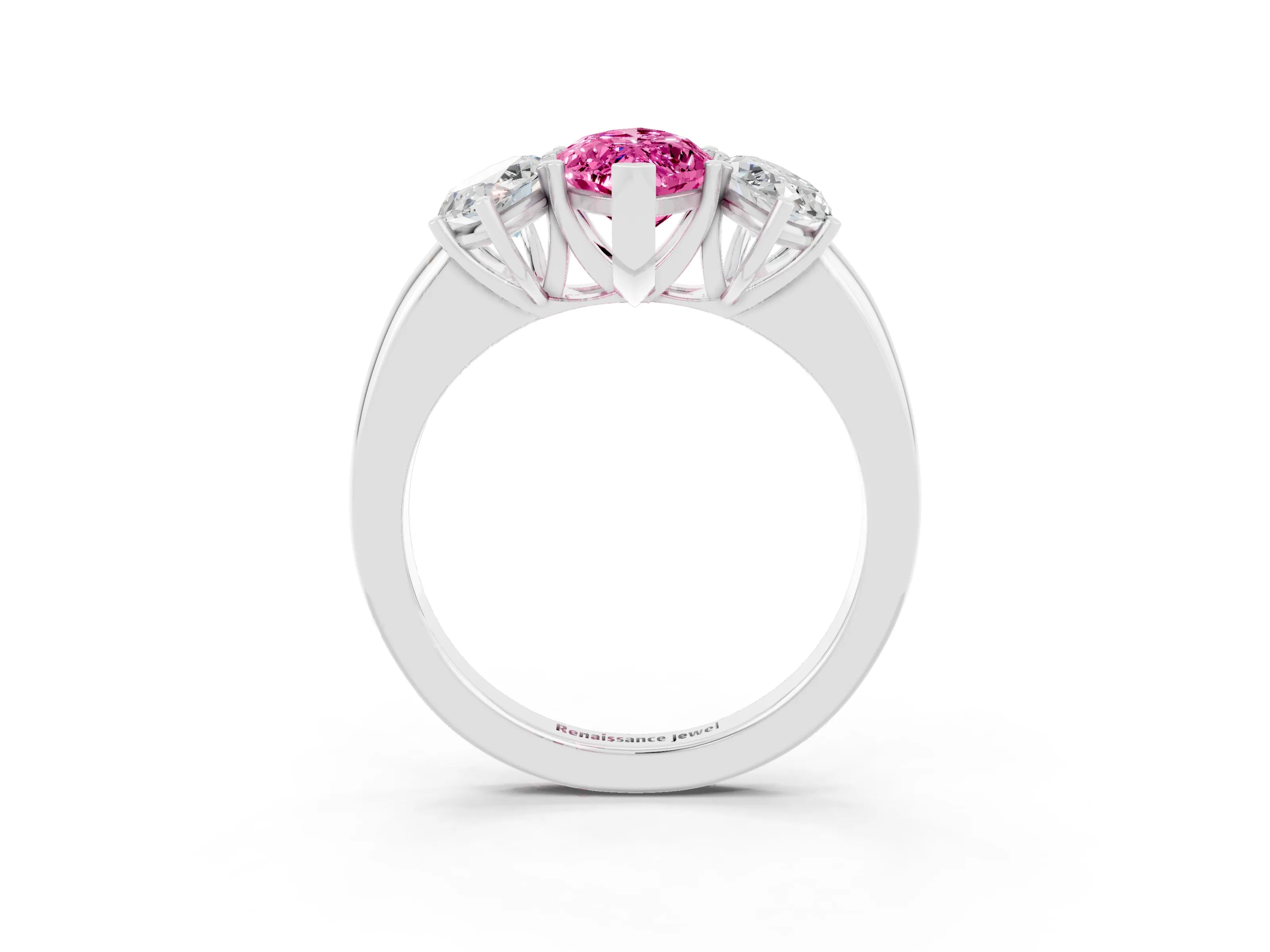 White gold Marquise Cut Pink Sapphire Three-Stone Ring with Four-Prong Setting and Classic Band_3