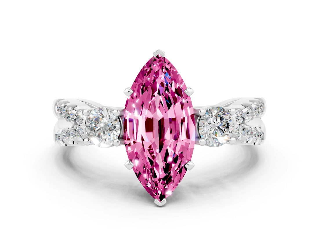 White gold Marquise Cut Pink Sapphire Three-Stone Ring with Pavé Split Shank and Four-Prong Setting_36