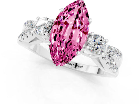 White gold Marquise Cut Pink Sapphire Three-Stone Ring with Pavé Split Shank and Four-Prong Setting_37