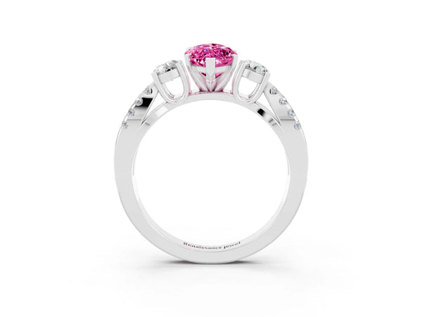 White gold Marquise Cut Pink Sapphire Three-Stone Ring with Pavé Split Shank and Four-Prong Setting