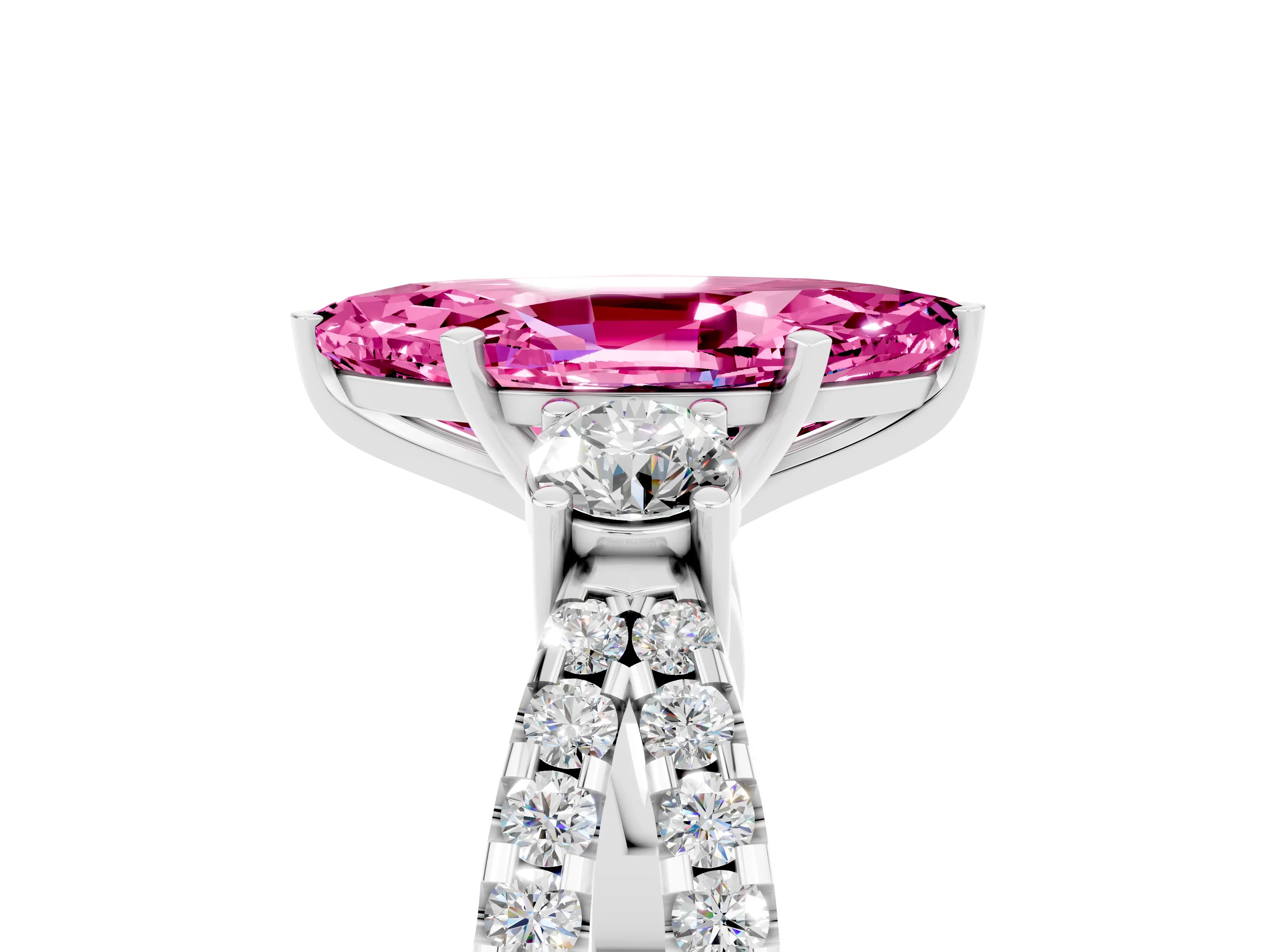 White gold Marquise Cut Pink Sapphire Three-Stone Ring with Pavé Split Shank and Four-Prong Setting_41