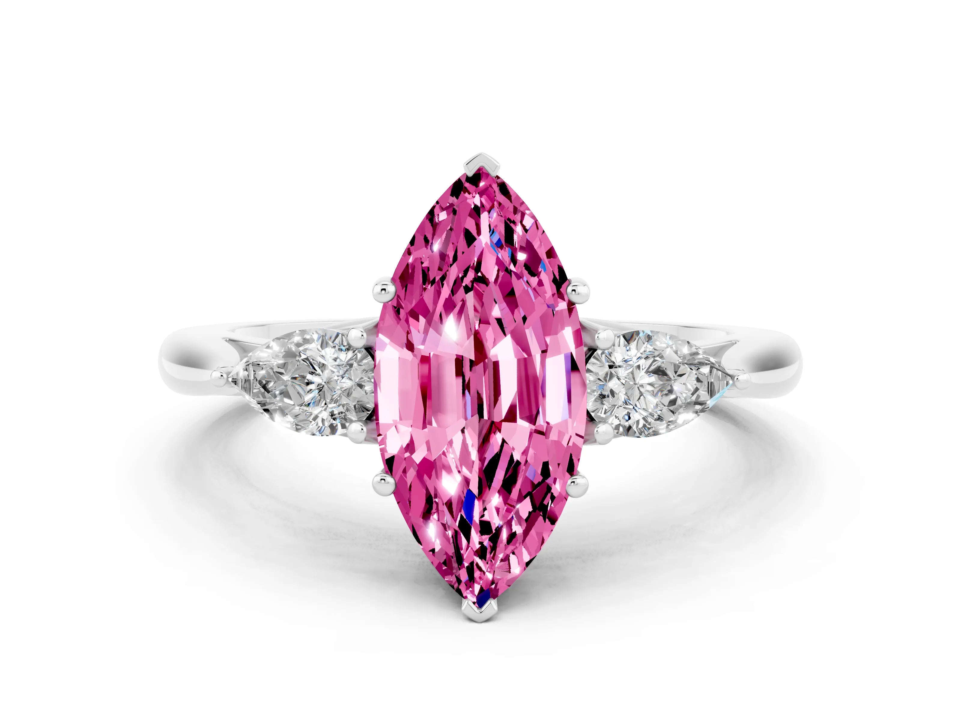 White gold Marquise Cut Pink Sapphire Three-Stone Ring with Pear Side Stones and Four-Prong Setting_12