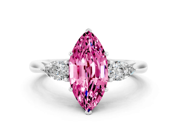 White gold Marquise Cut Pink Sapphire Three-Stone Ring with Pear  Side Stones and Prong Setting