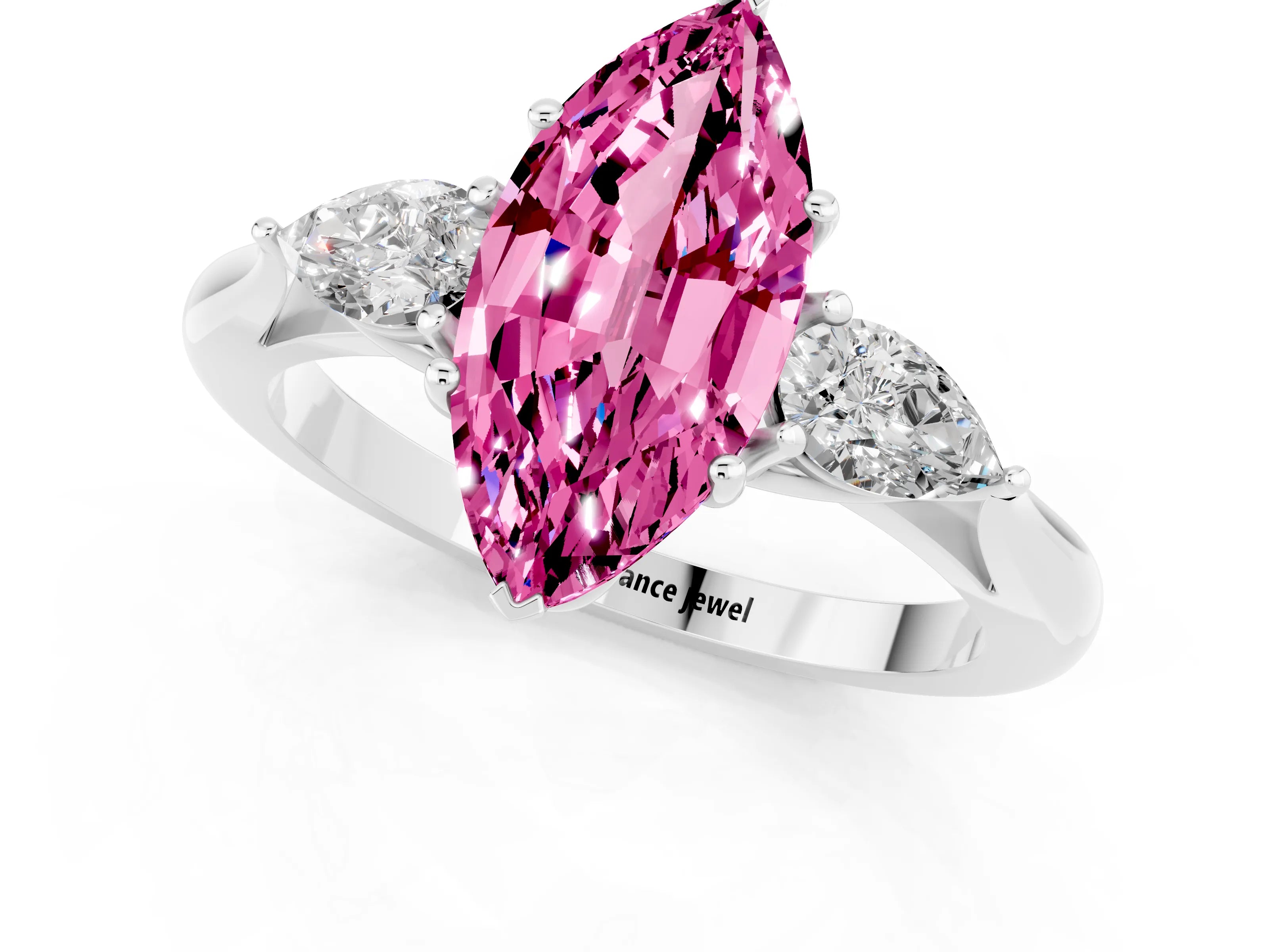 White gold Marquise Cut Pink Sapphire Three-Stone Ring with Pear Side Stones and Four-Prong Setting_13